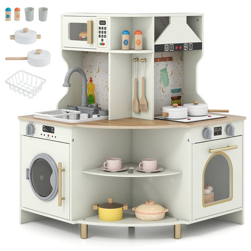 Kids Play Kitchen Wooden Corner Kitchen Playset with Working Faucet and Sink, Beige
