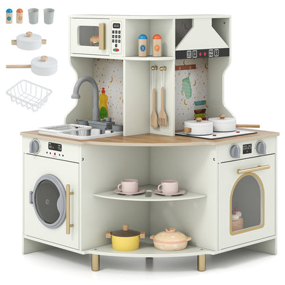 Kids Play Kitchen Wooden Corner Kitchen Playset with Working Faucet and Sink, Beige Play Kitchen Sets at Gallery Canada