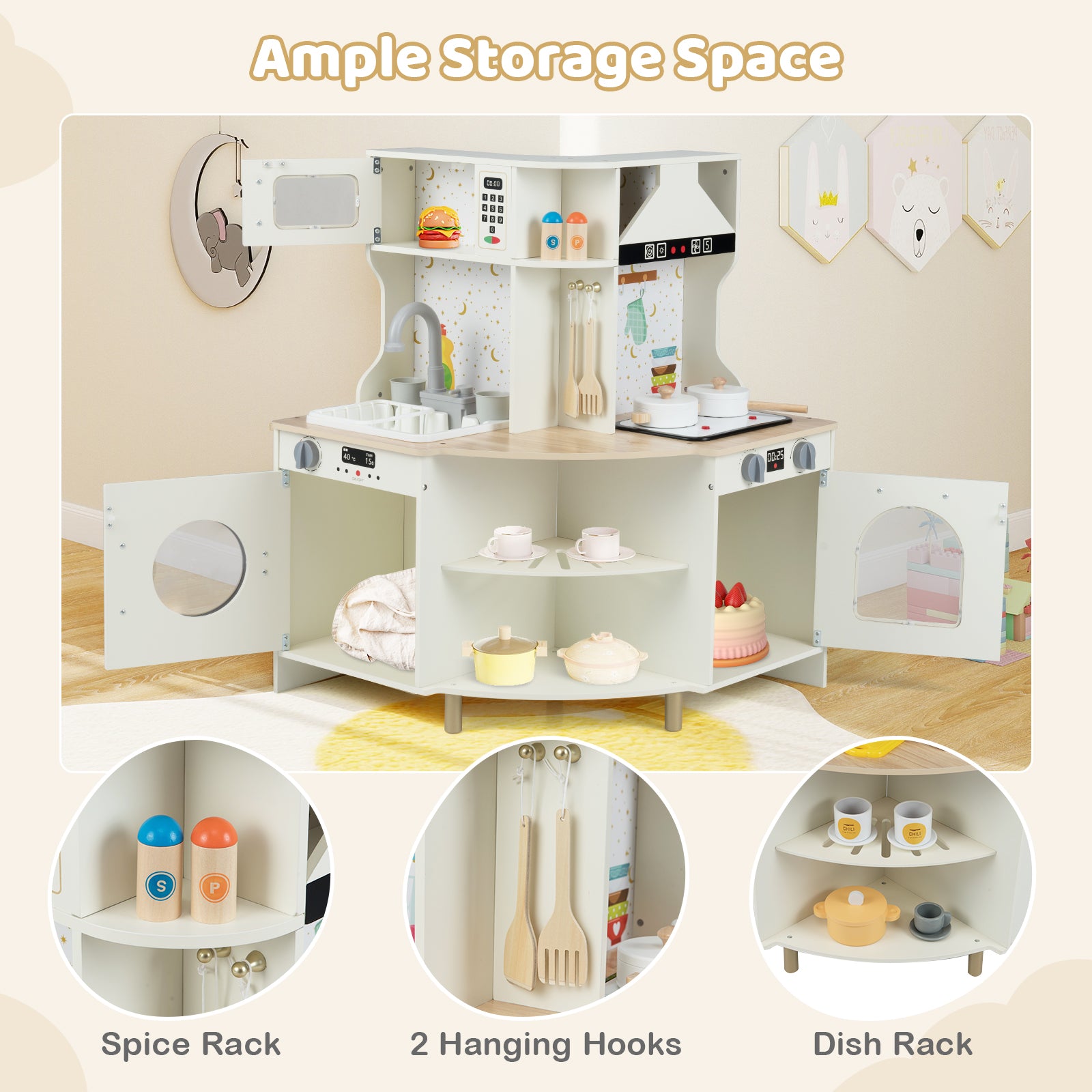 Kids Play Kitchen Wooden Corner Kitchen Playset with Working Faucet and Sink, Beige Play Kitchen Sets at Gallery Canada