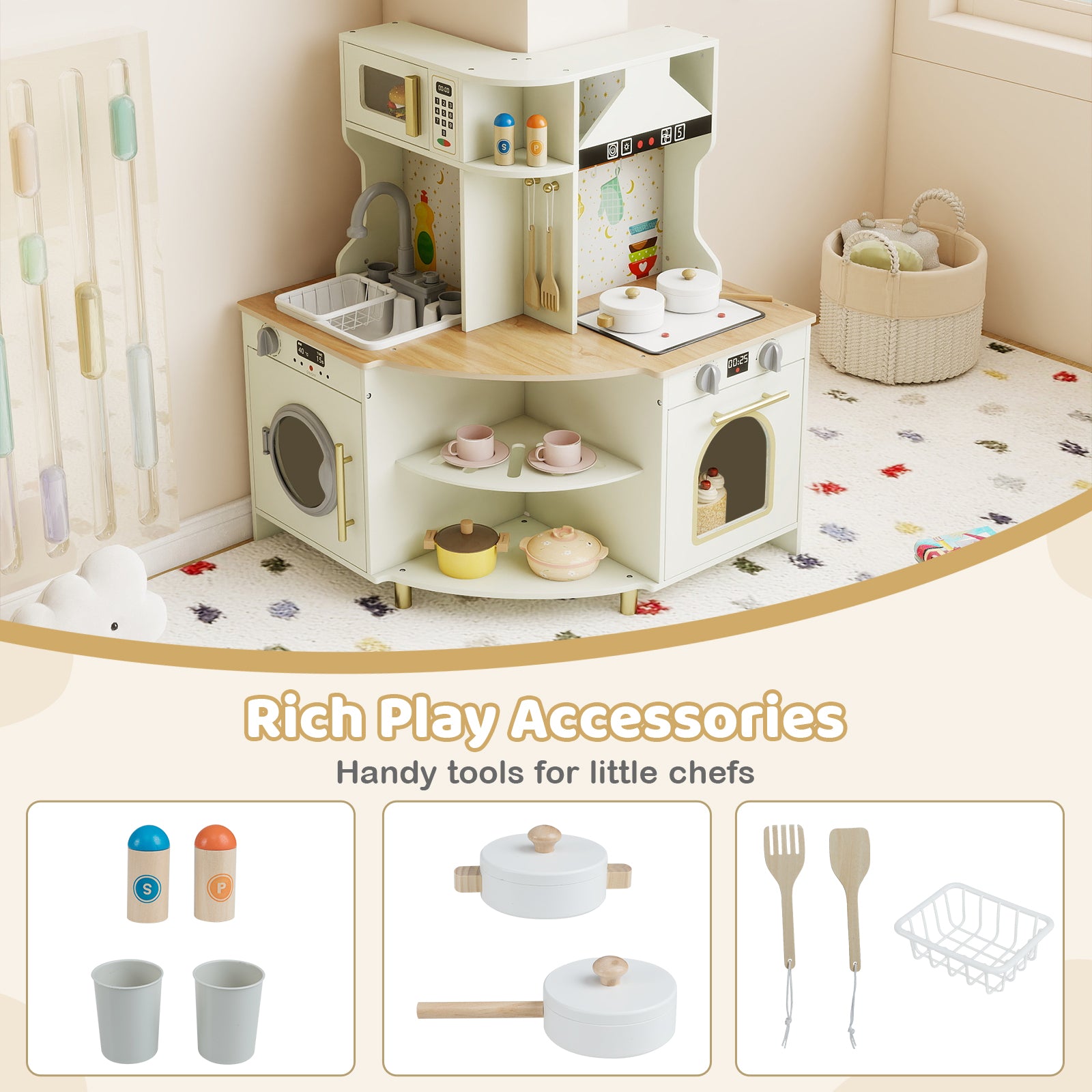 Kids Play Kitchen Wooden Corner Kitchen Playset with Working Faucet and Sink, Beige Play Kitchen Sets at Gallery Canada