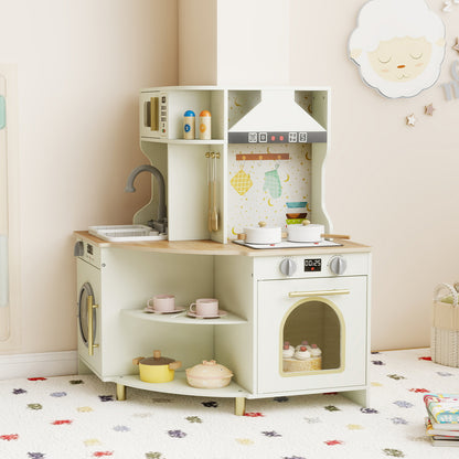 Kids Play Kitchen Wooden Corner Kitchen Playset with Working Faucet and Sink, Beige Play Kitchen Sets at Gallery Canada