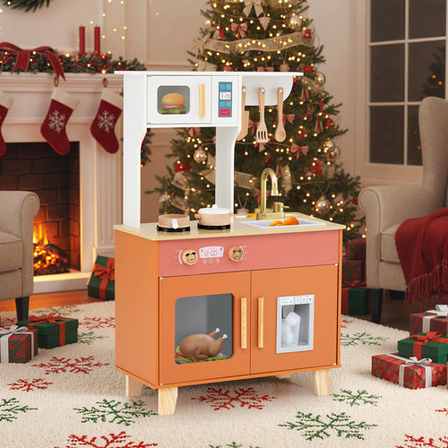 Kids Play Kitchen with Microwave and Rotation Knobs for Girls Boys Aged 3-6, Orange