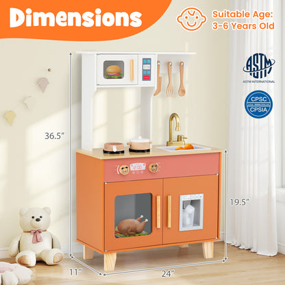 Kids Play Kitchen with Microwave and Rotation Knobs for Girls Boys Aged 3-6, Orange