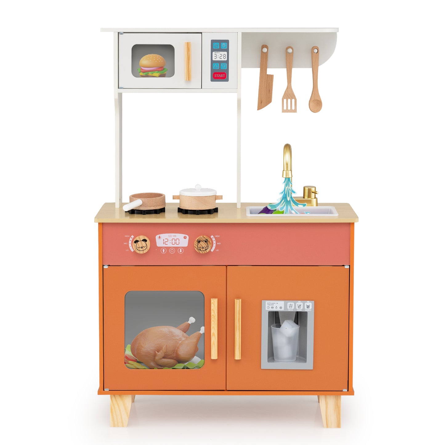 Kids Play Kitchen with Microwave and Rotation Knobs for Girls Boys Aged 3-6, Orange