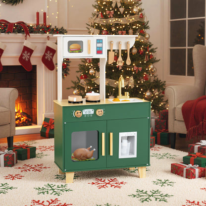 Kids Play Kitchen with Microwave and Rotation Knobs for Girls Boys Aged 3-6, Green