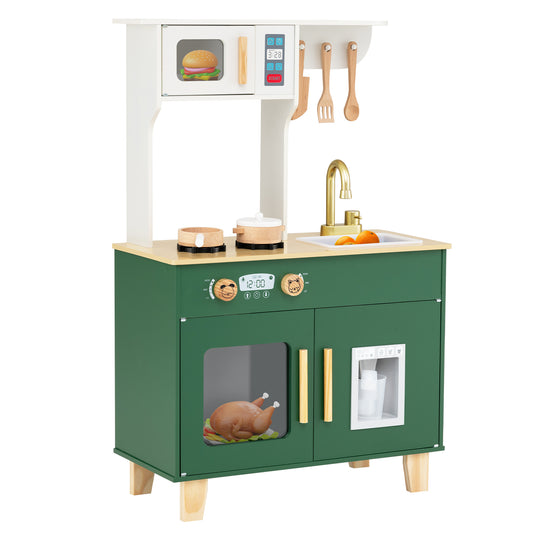 Kids Play Kitchen with Microwave and Rotation Knobs for Girls Boys Aged 3-6, Green