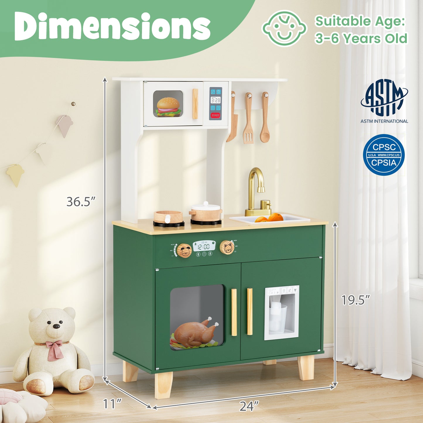Kids Play Kitchen with Microwave and Rotation Knobs for Girls Boys Aged 3-6, Green