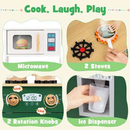 Kids Play Kitchen with Microwave and Rotation Knobs for Girls Boys Aged 3-6, Green