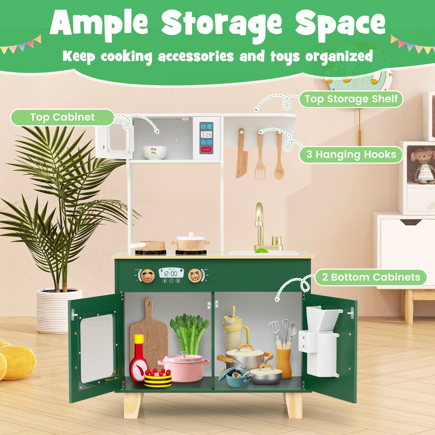 Kids Play Kitchen with Microwave and Rotation Knobs for Girls Boys Aged 3-6, Green