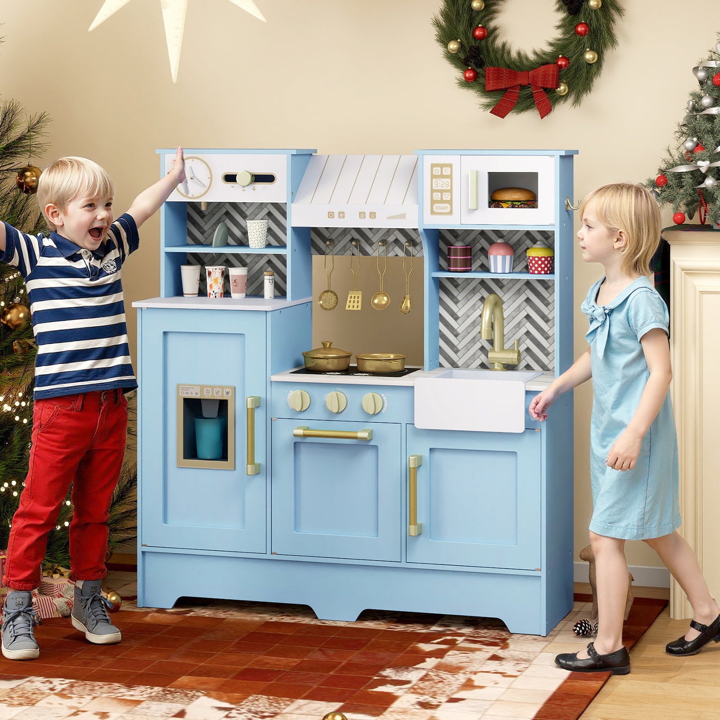 Kids Play Kitchen with Stoves and Faucet for Girls Boys Aged 3-6, Blue