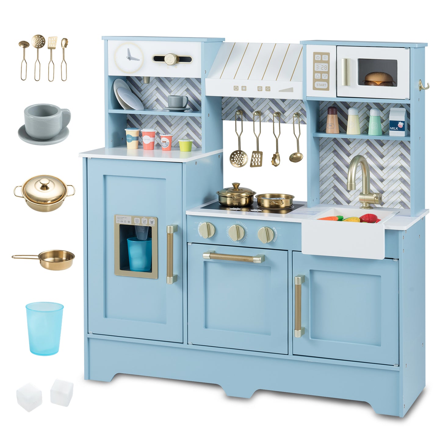 Kids Play Kitchen with Stoves and Faucet for Girls Boys Aged 3-6, Blue