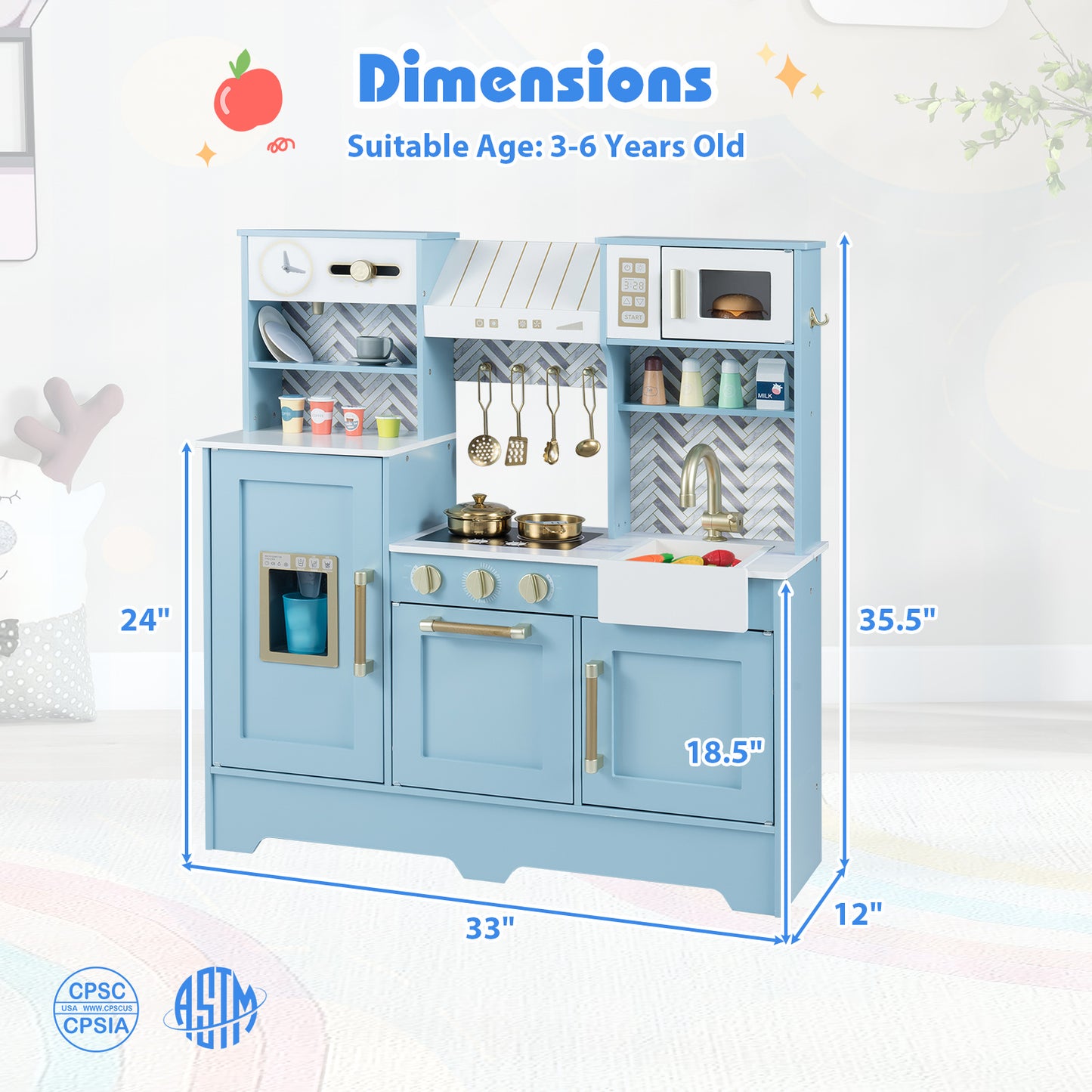 Kids Play Kitchen with Stoves and Faucet for Girls Boys Aged 3-6, Blue