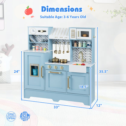 Kids Play Kitchen with Stoves and Faucet for Girls Boys Aged 3-6, Blue
