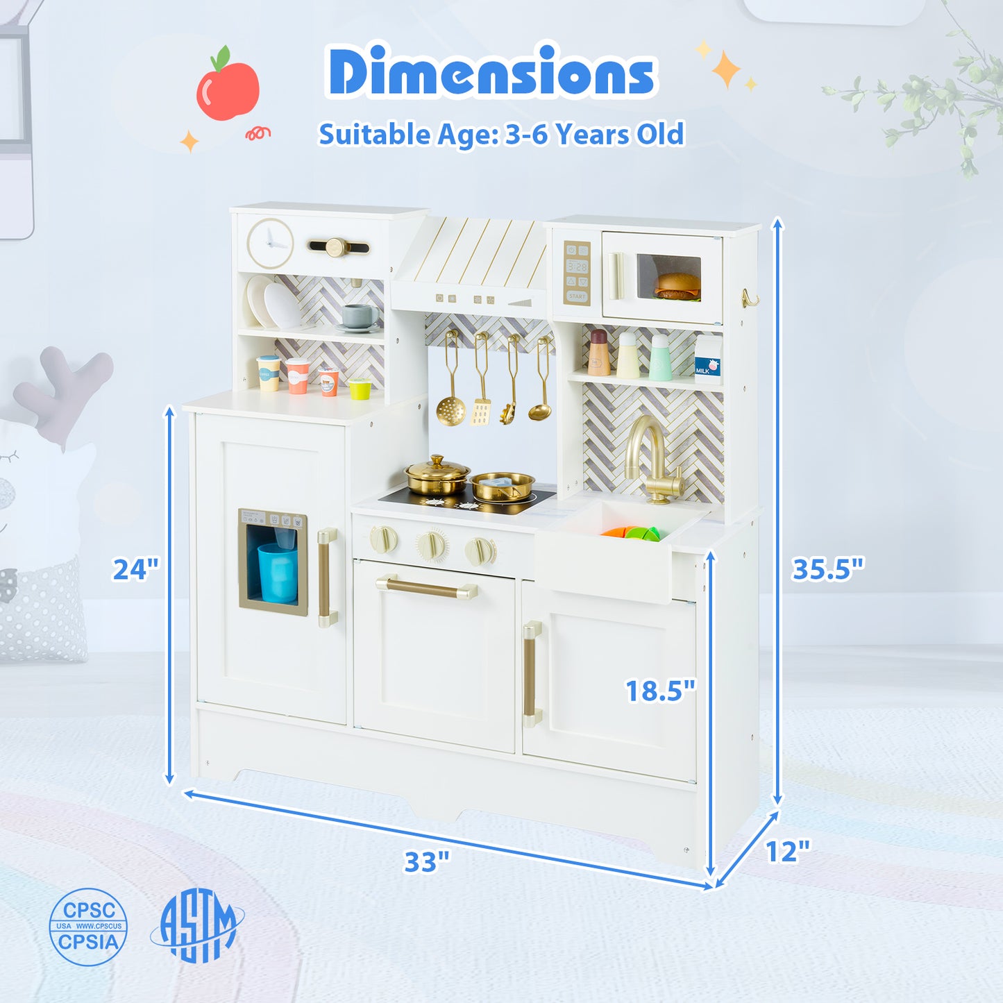 Kids Play Kitchen with Stoves and Faucet for Girls Boys Aged 3-6, White