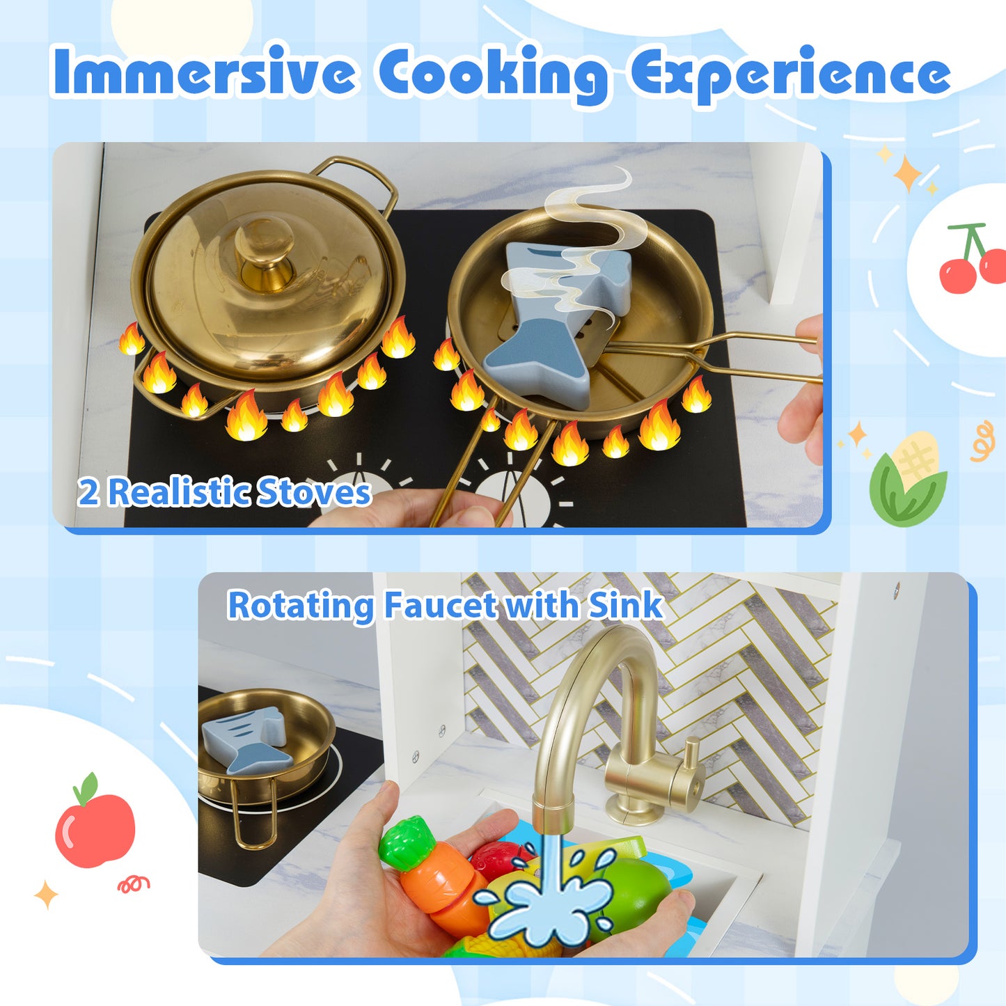 Kids Play Kitchen with Stoves and Faucet for Girls Boys Aged 3-6, White