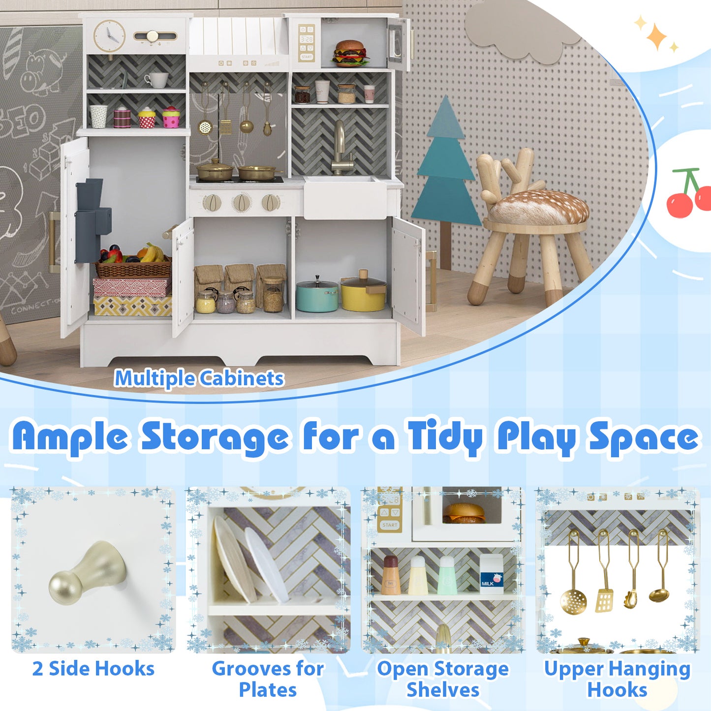 Kids Play Kitchen with Stoves and Faucet for Girls Boys Aged 3-6, White