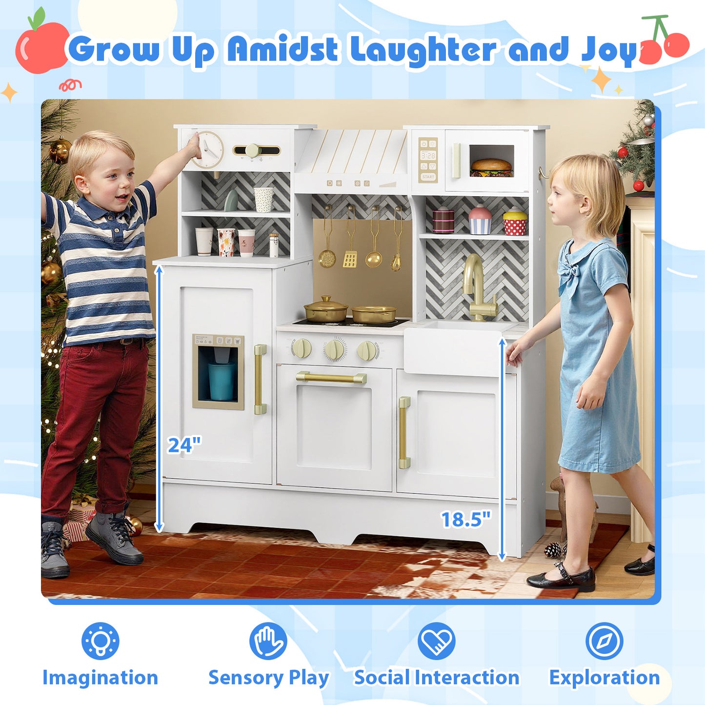 Kids Play Kitchen with Stoves and Faucet for Girls Boys Aged 3-6, White