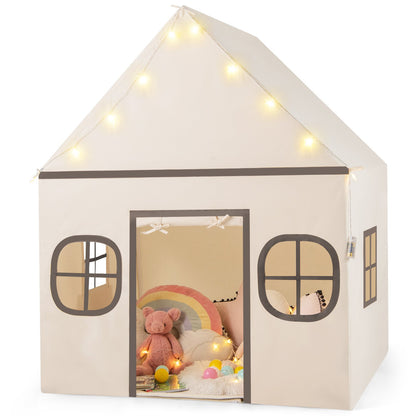 Kids Play Tent Large Playhouse with Door Curtain and Windows Star Lights, Beige Play Tents & Playhouse Beige at Gallery Canada