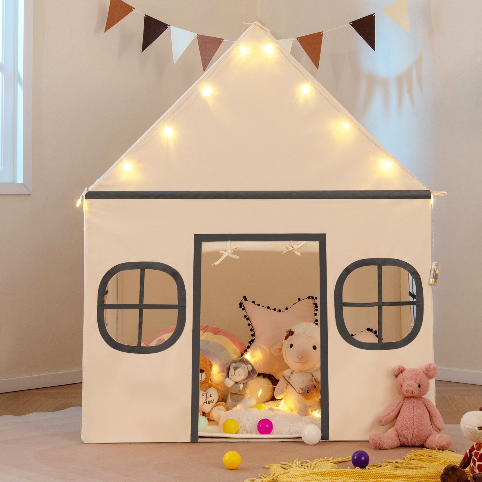 Kids Play Tent Large Playhouse with Door Curtain and Windows Star Lights, Beige Play Tents & Playhouse at Gallery Canada