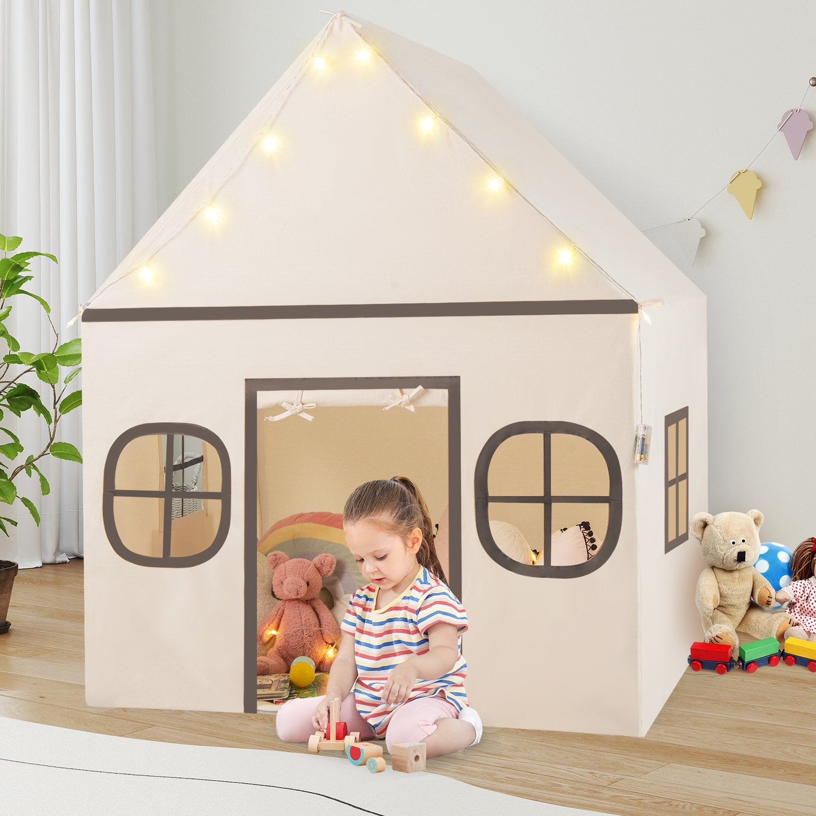Kids Play Tent Large Playhouse with Door Curtain and Windows Star Lights, Beige Play Tents & Playhouse at Gallery Canada