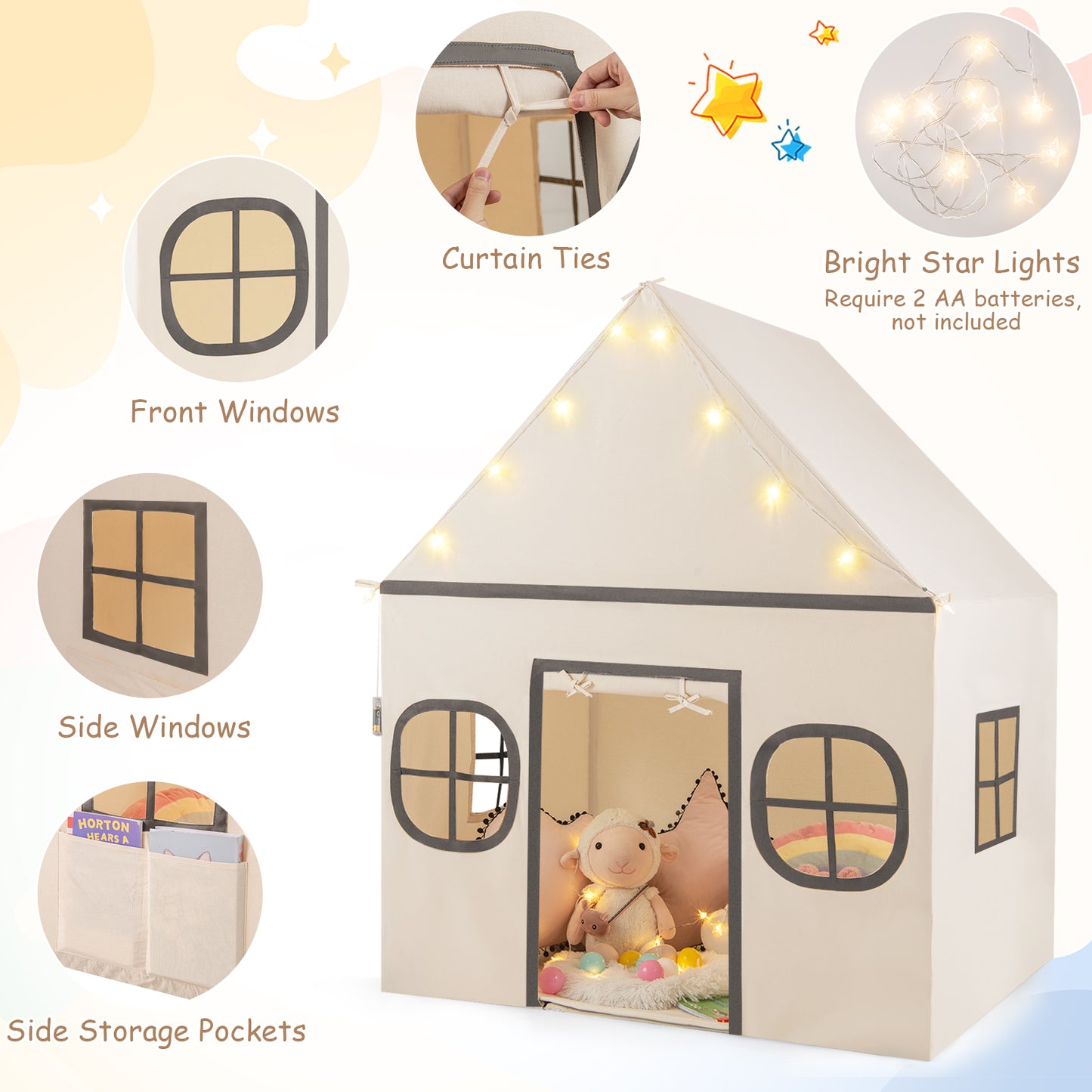 Kids Play Tent Large Playhouse with Door Curtain and Windows Star Lights, Beige Play Tents & Playhouse at Gallery Canada