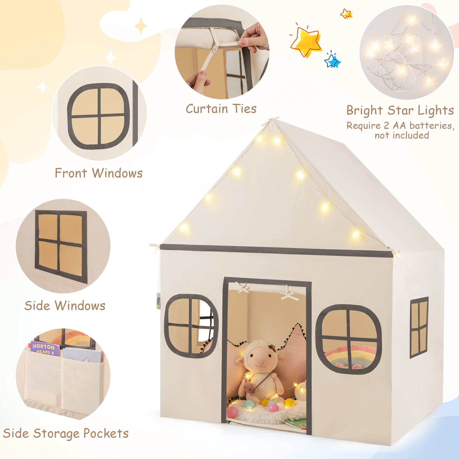 Kids Play Tent Large Playhouse with Door Curtain and Windows Star Lights, Beige Play Tents & Playhouse at Gallery Canada