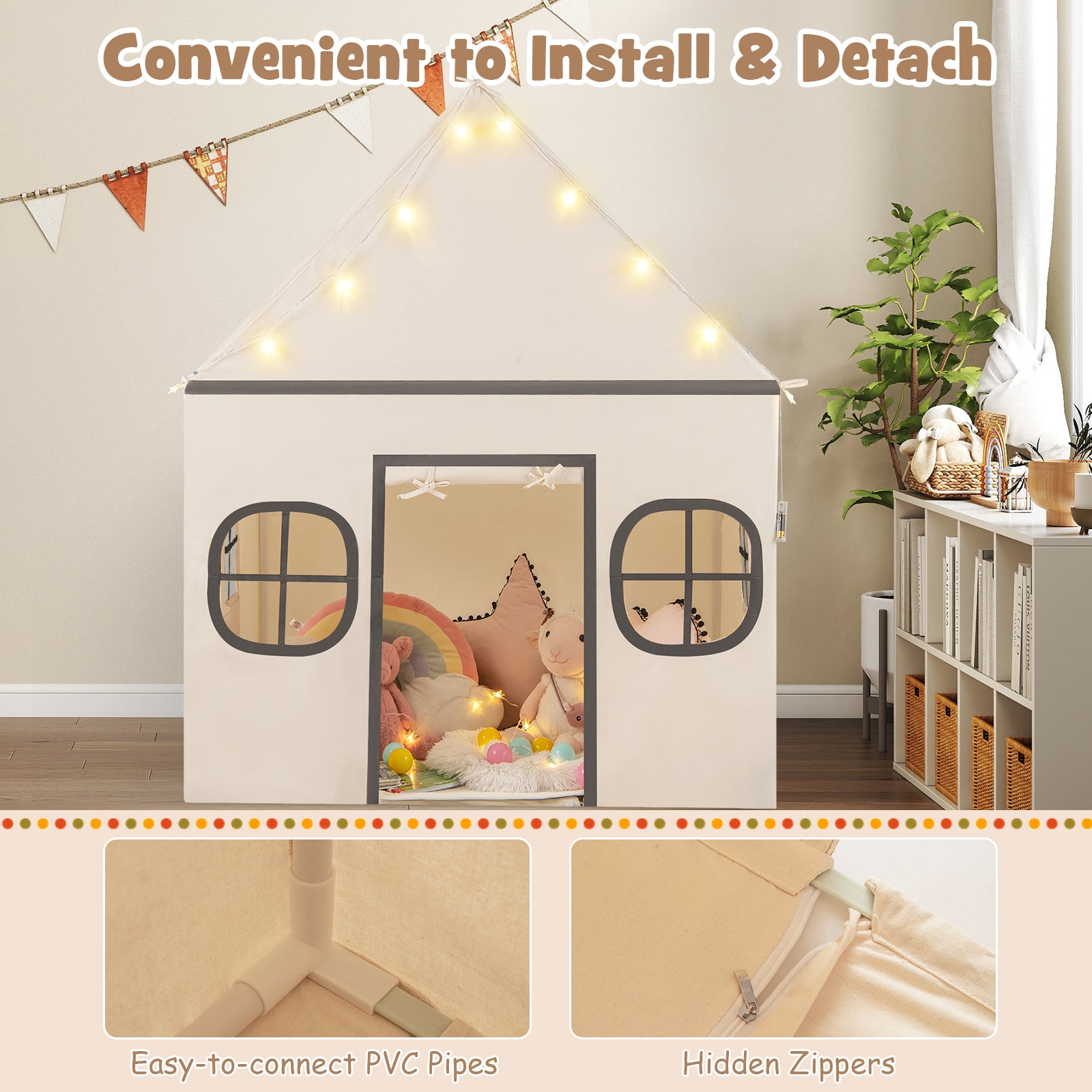 Kids Play Tent Large Playhouse with Door Curtain and Windows Star Lights, Beige Play Tents & Playhouse at Gallery Canada