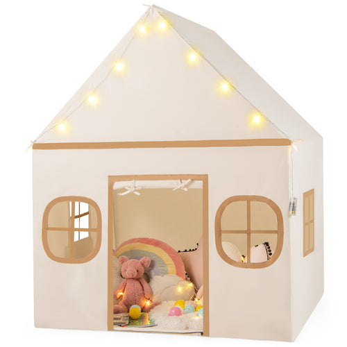 Kids Play Tent Large, Door Curtain, Windows Star Lights, Coffee