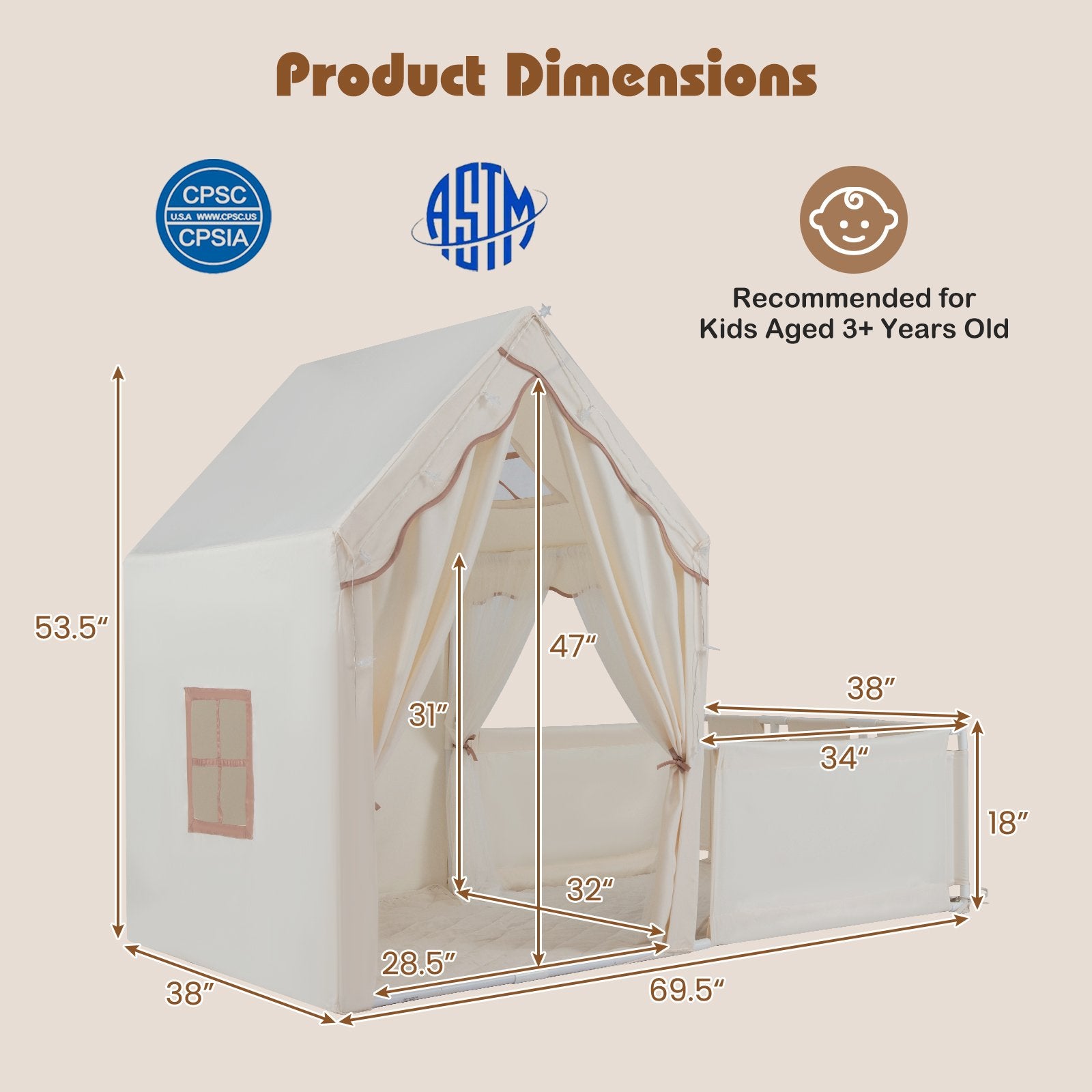 Kids Play Tent with Playpen 2-in-1 Toddler Playhouse with Yard, Beige Play Tents & Playhouse at Gallery Canada