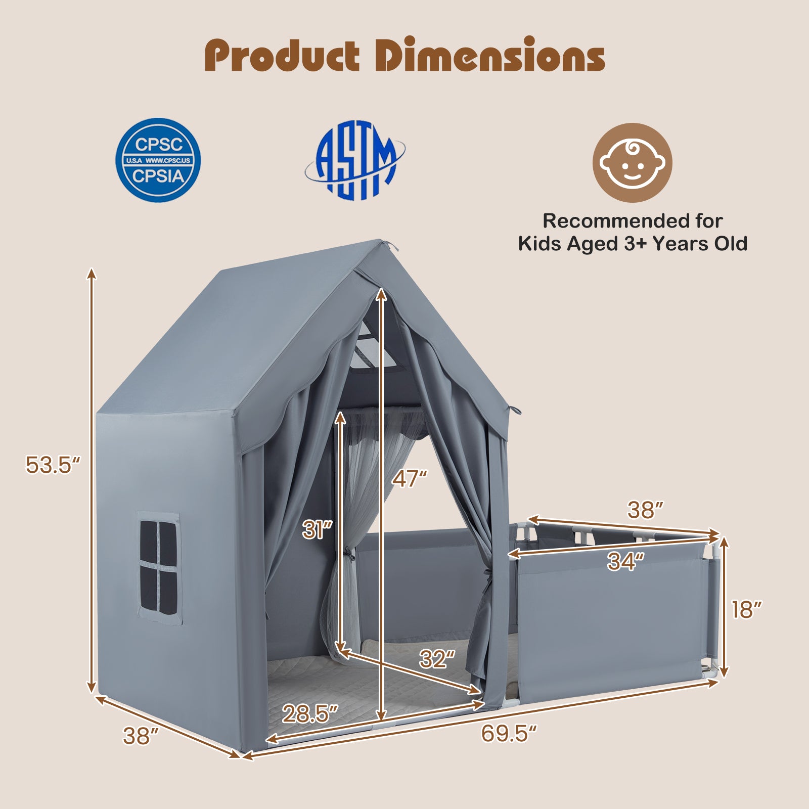 Kids Play Tent With Playpen, 2-in-1 Toddler Playhouse, Gray Play Tents & Playhouse at Gallery Canada