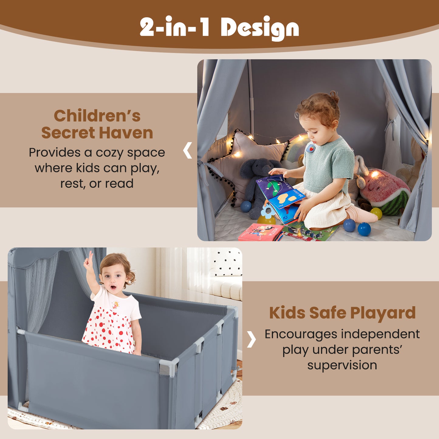 Kids Play Tent With Playpen, 2-in-1 Toddler Playhouse, Gray Play Tents & Playhouse at Gallery Canada