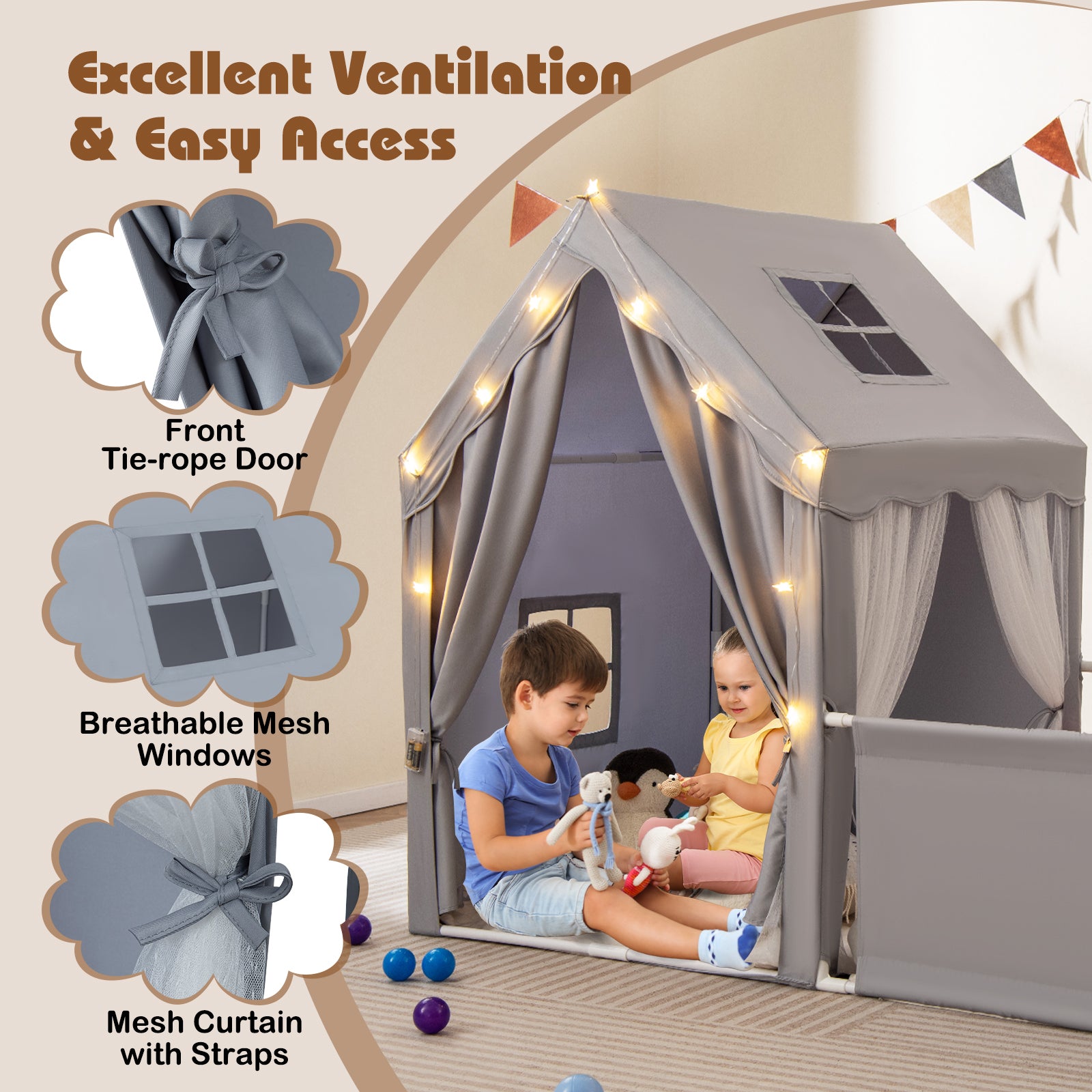 Kids Play Tent With Playpen, 2-in-1 Toddler Playhouse, Gray Play Tents & Playhouse at Gallery Canada