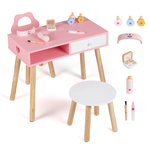 Kids Pretend Nail Salon Playset With Chair, Stool, Makeup Kit, Pink
