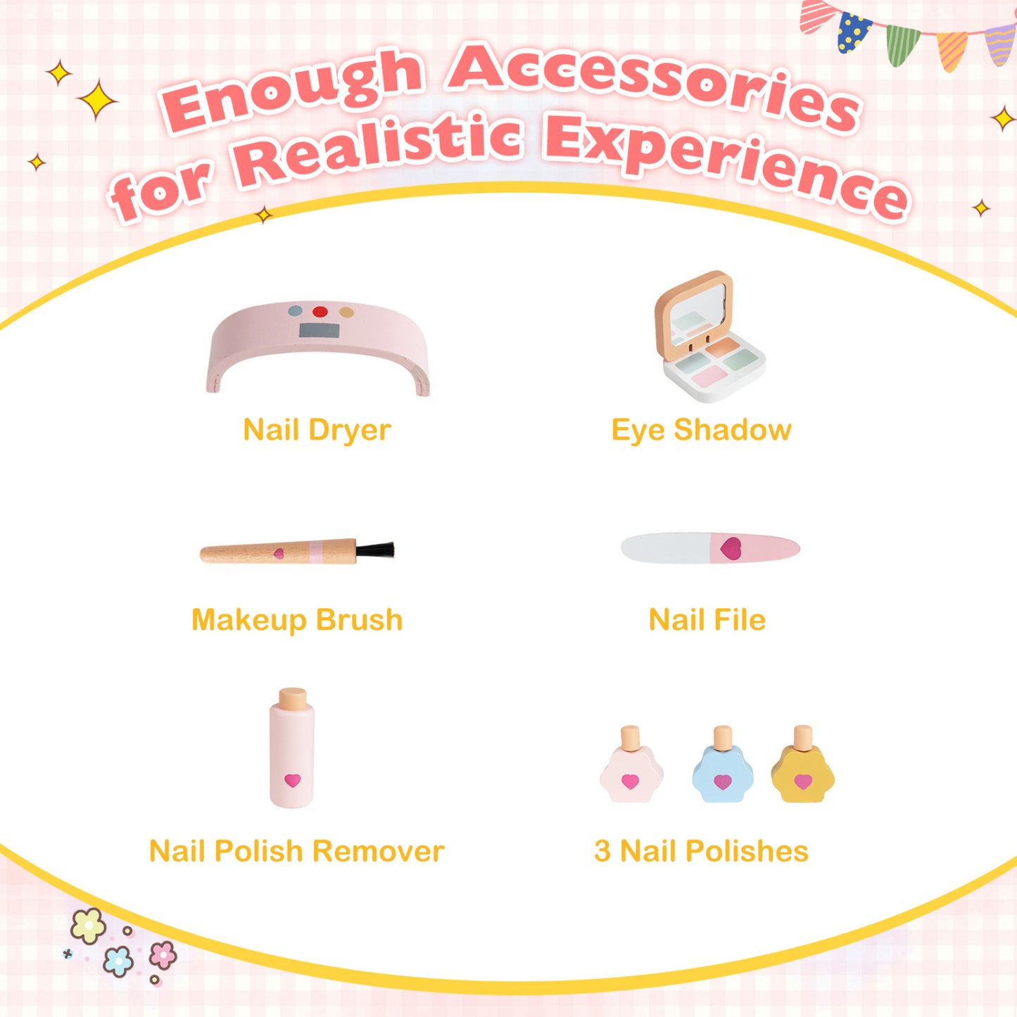 Kids Pretend Nail Salon Playset, Wooden Makeup, Pink
