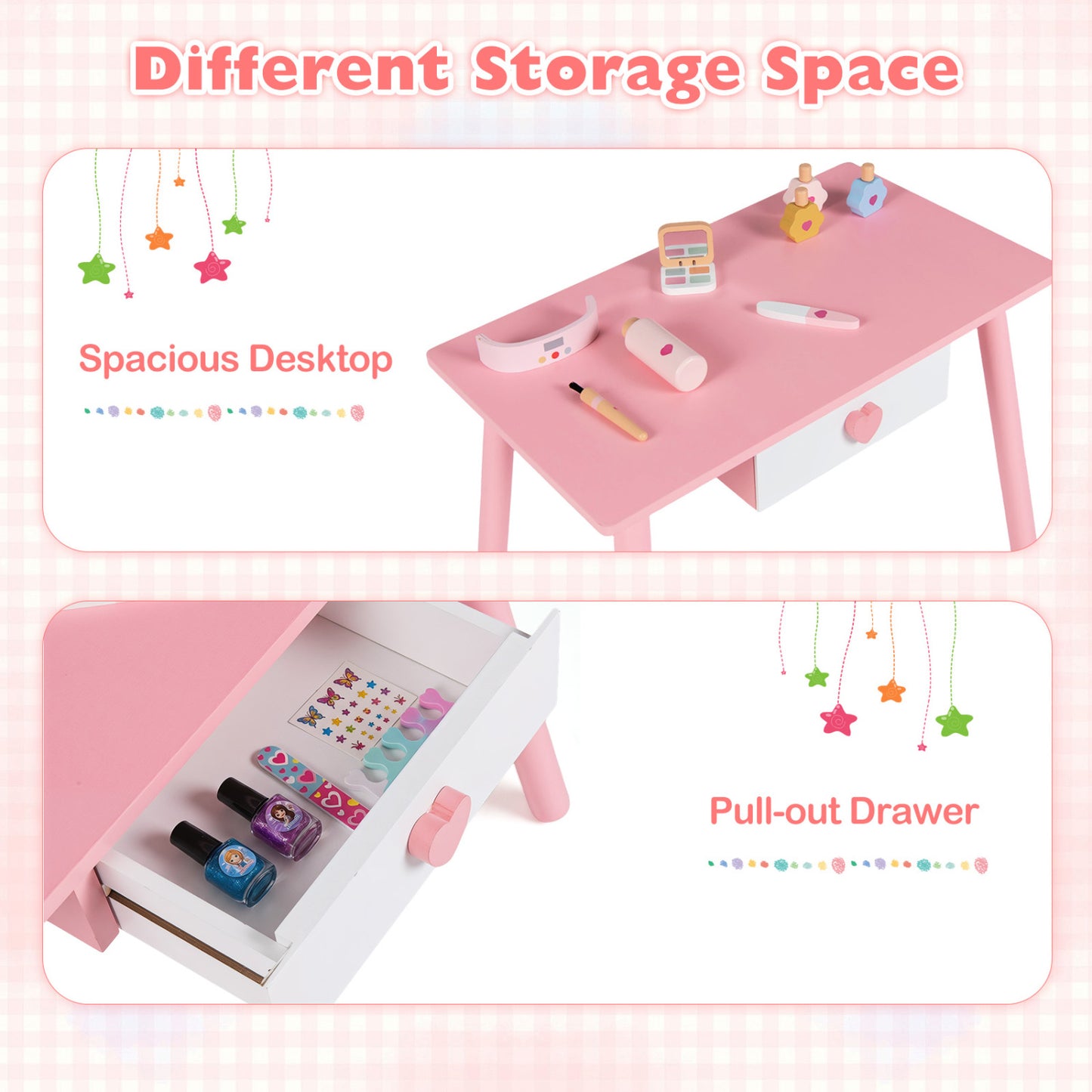 Kids Pretend Nail Salon Playset, Wooden Makeup, Pink