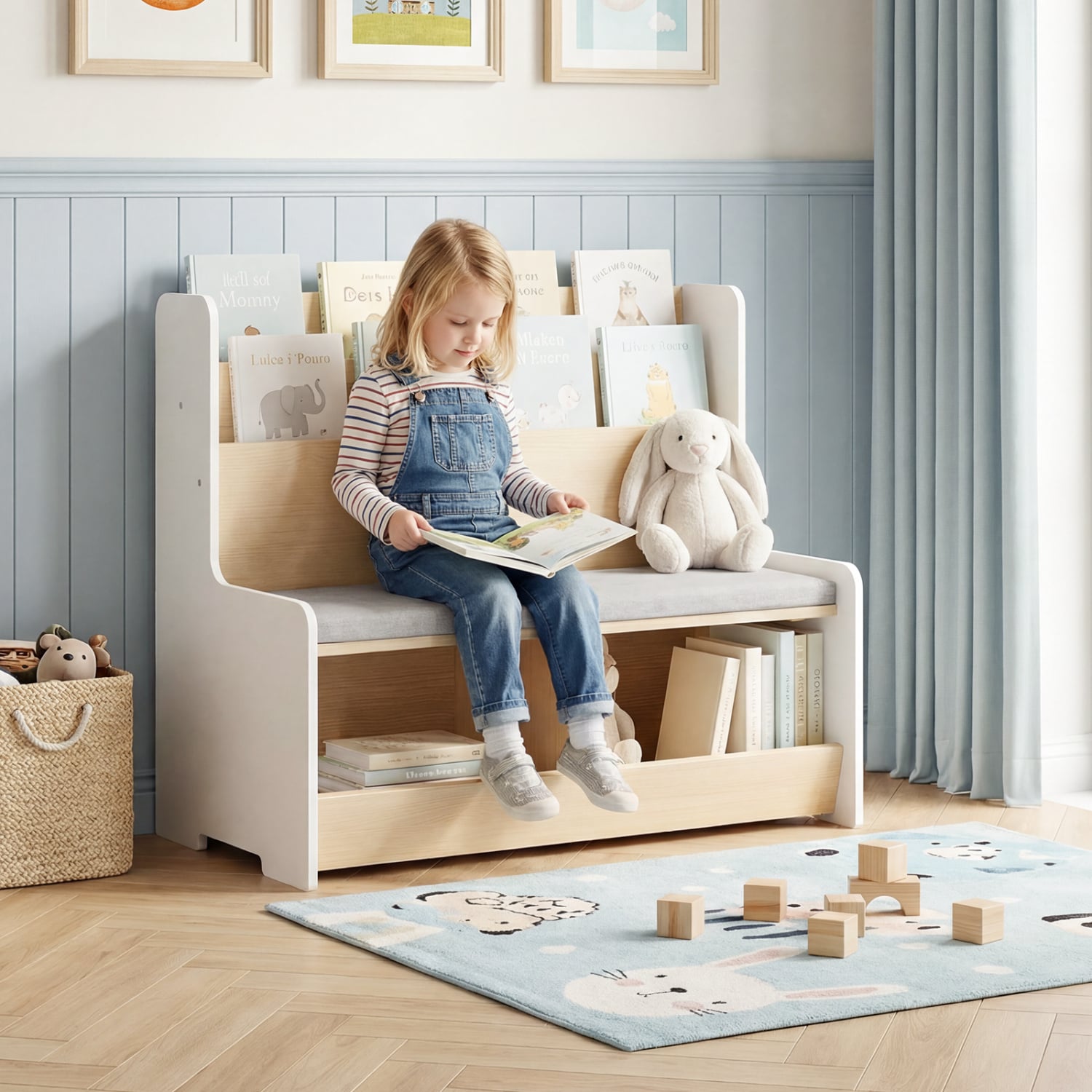 Kids Reading Nook With Bench Bookshelf, 2 Cubbies, White Kids Storage at Gallery Canada