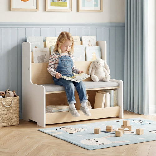 Kids Reading Nook With Bench Bookshelf, 2 Cubbies, White