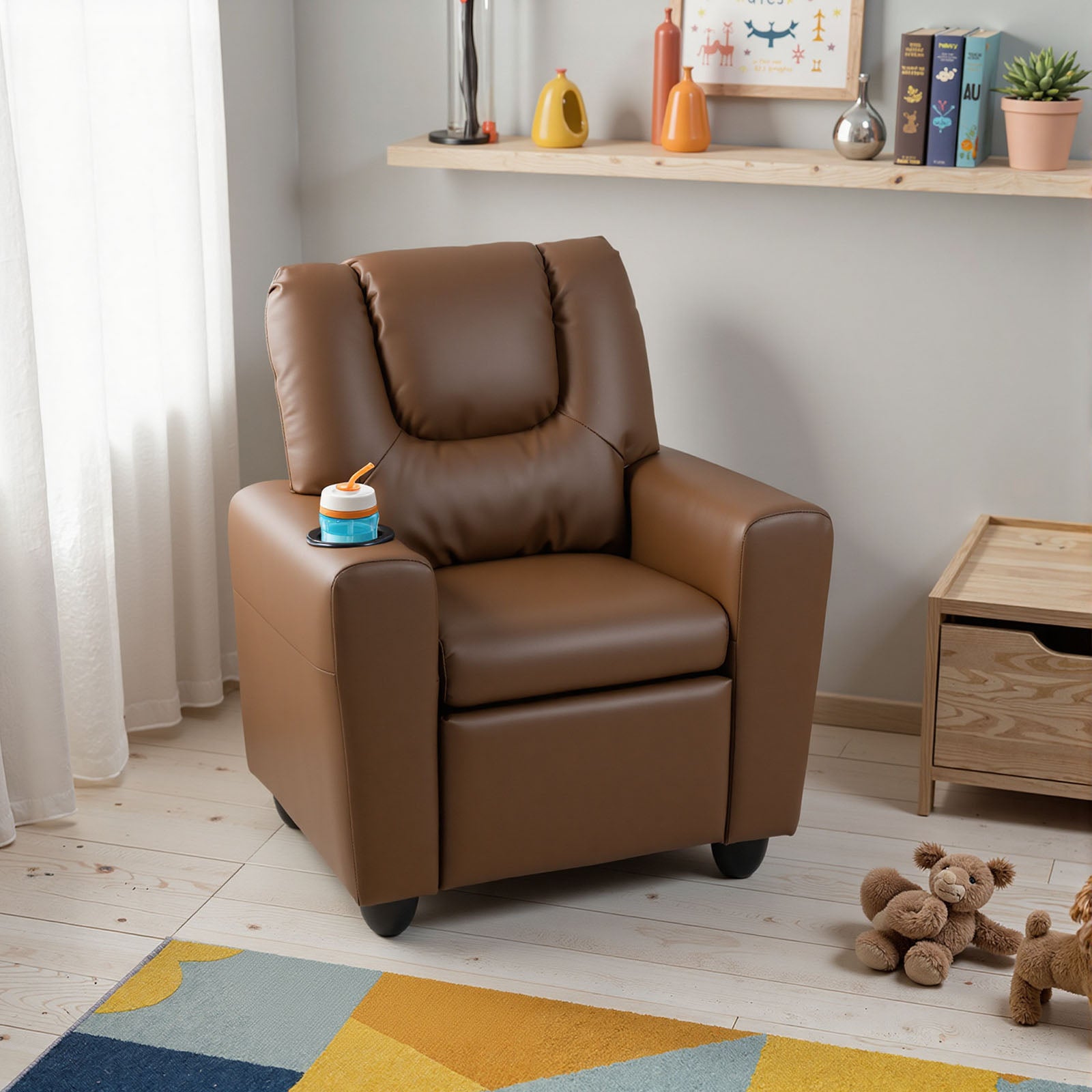 Kids Recliner Chair Push Back Toddler Reclining Armchair with Cup Holder, Brown Kids Chairs & Seating at Gallery Canada