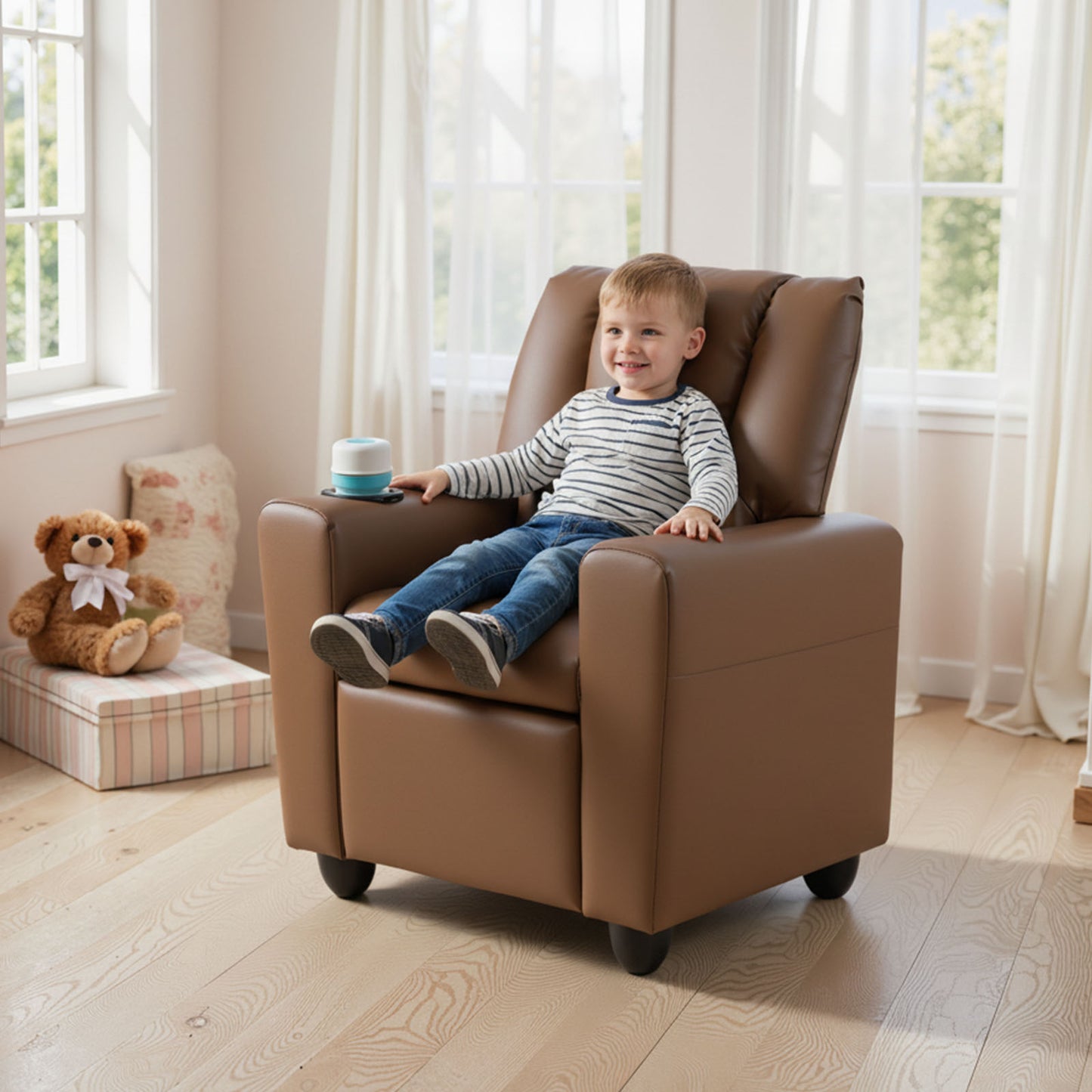 Kids Recliner Chair Push Back Toddler Reclining Armchair with Cup Holder, Brown Kids Chairs & Seating at Gallery Canada