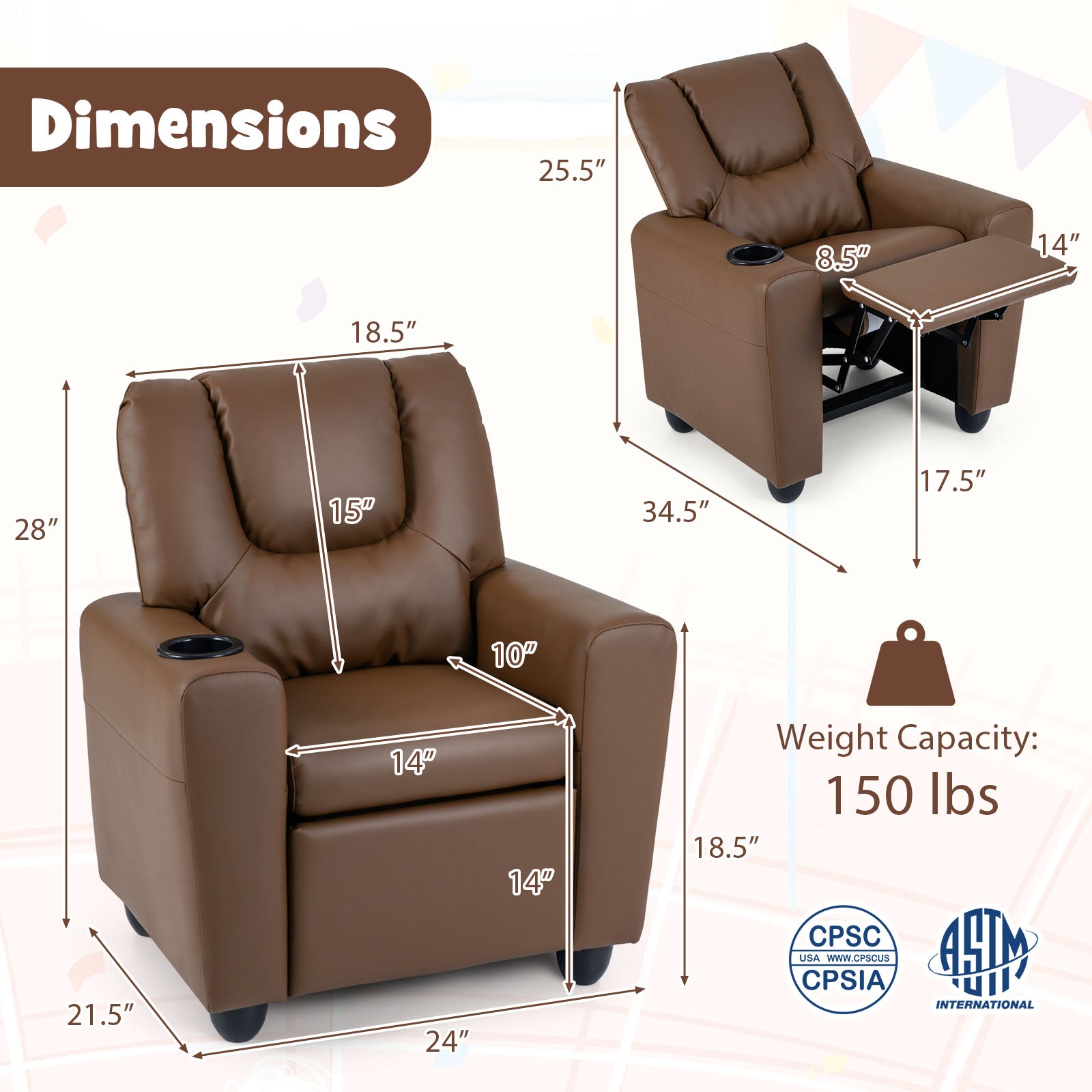 Kids Recliner Chair Push Back Toddler Reclining Armchair with Cup Holder, Brown Kids Chairs & Seating at Gallery Canada