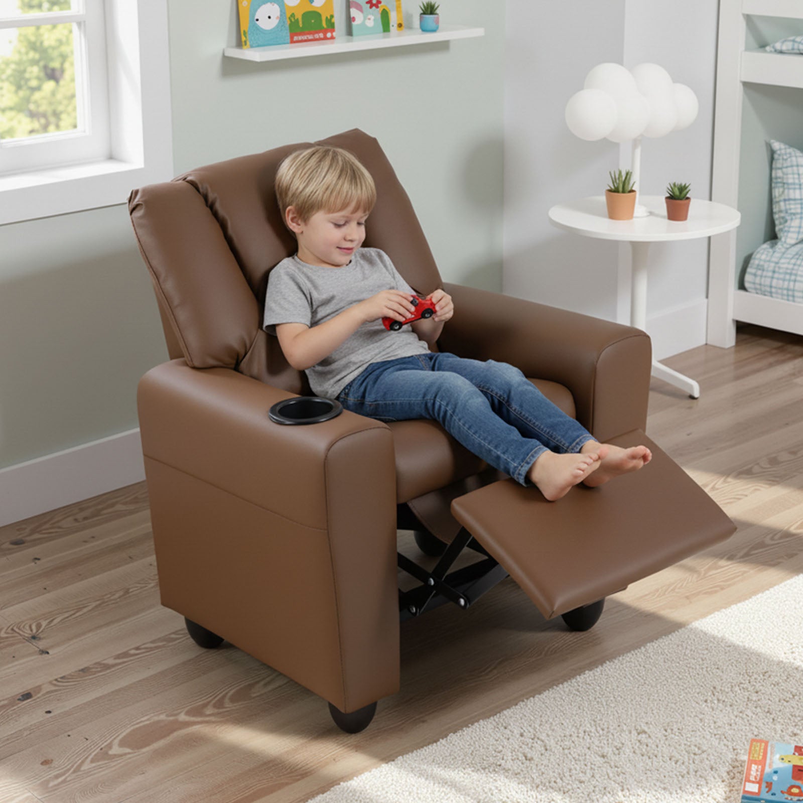 Kids Recliner Chair Push Back Toddler Reclining Armchair with Cup Holder, Brown Kids Chairs & Seating at Gallery Canada