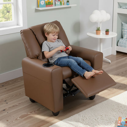 Kids Recliner Chair Push Back Toddler Reclining Armchair with Cup Holder, Brown Kids Chairs & Seating at Gallery Canada