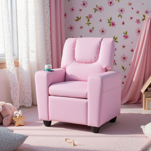 Kids Recliner Chair Push Back Toddler Reclining Armchair with Cup Holder, Pink