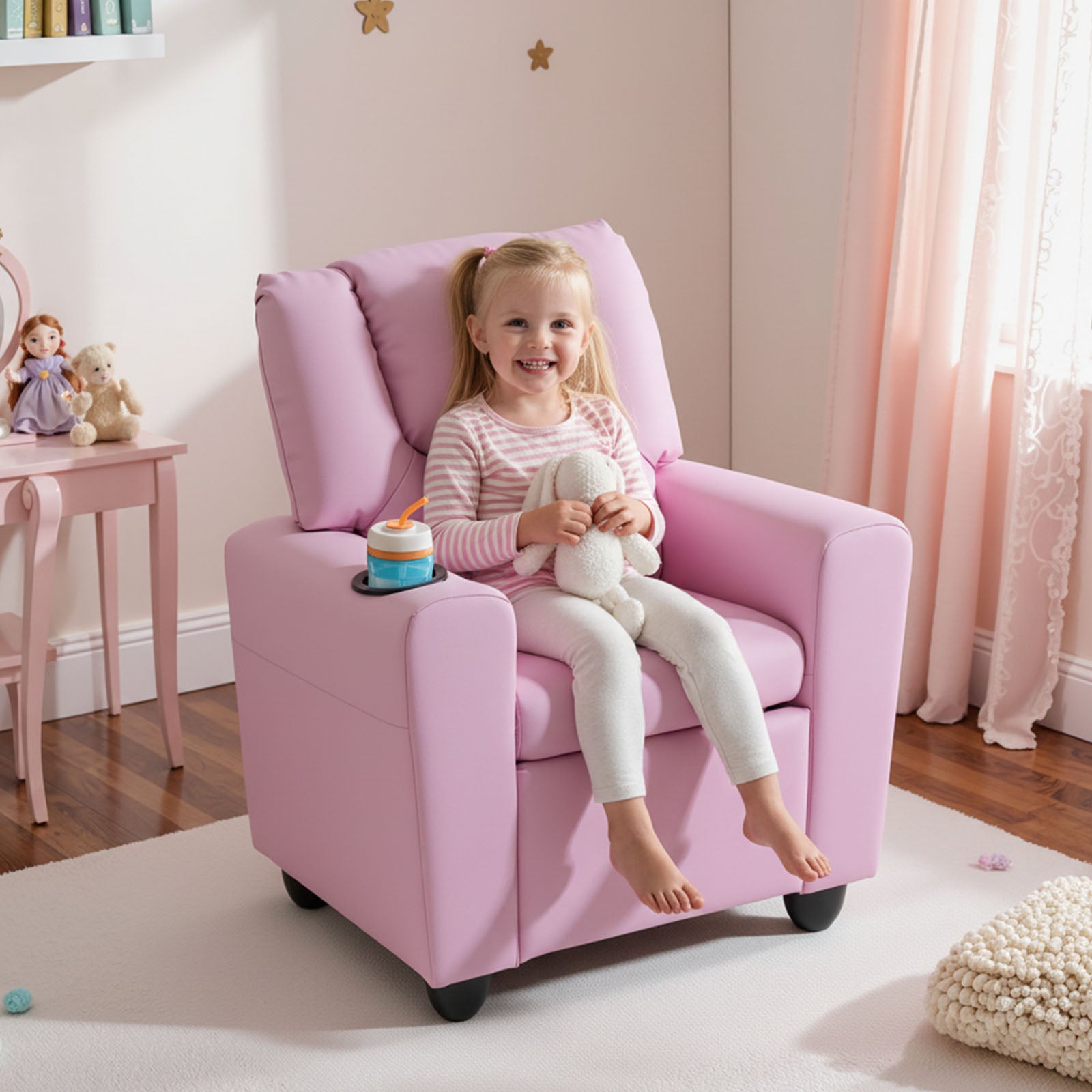 Kids Recliner Chair Push Back Toddler Reclining Armchair with Cup Holder, Pink Kids Chairs & Seating at Gallery Canada