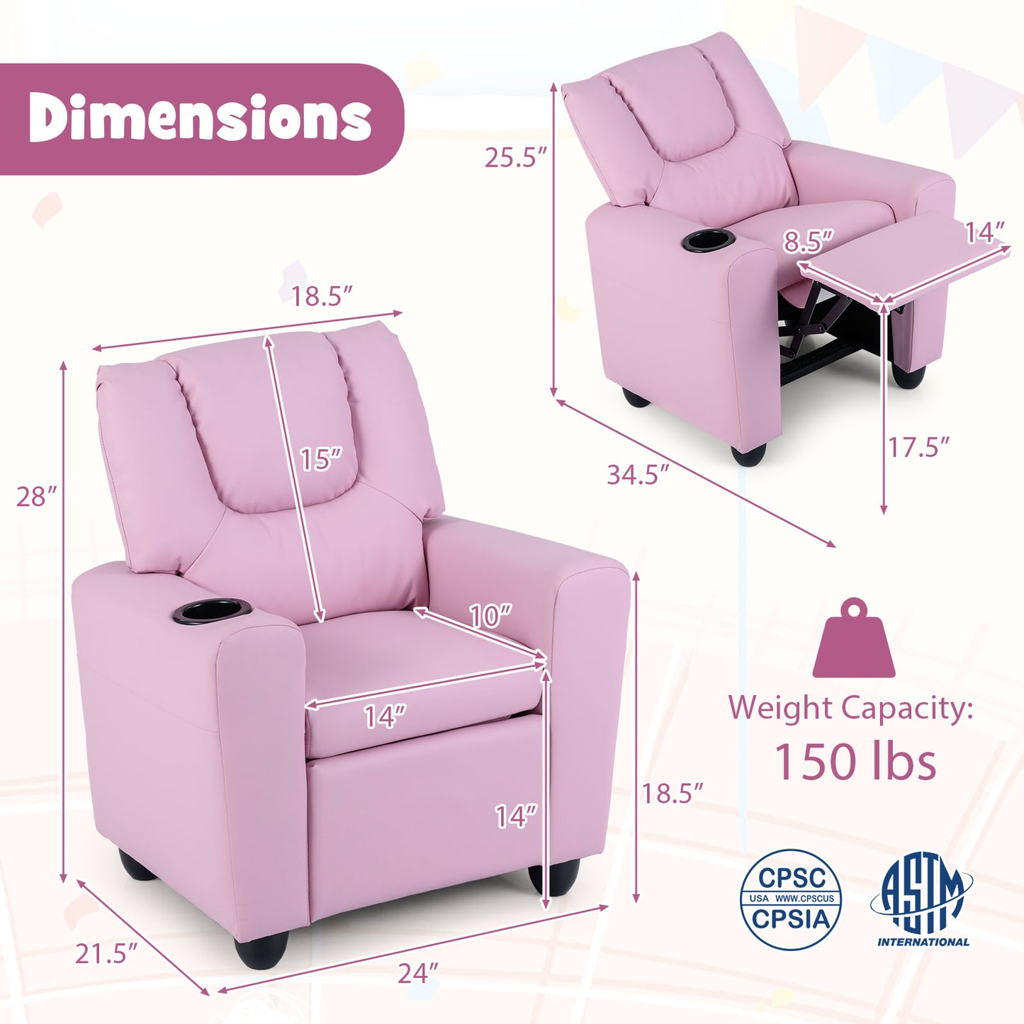 Kids Recliner Chair Push Back Toddler Reclining Armchair with Cup Holder, Pink Kids Chairs & Seating at Gallery Canada