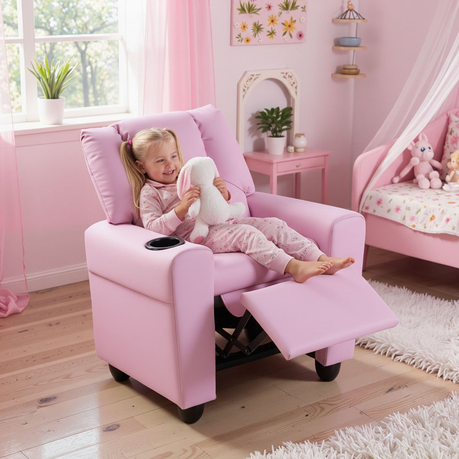 Kids Recliner Chair Push Back Toddler Reclining Armchair with Cup Holder, Pink Kids Chairs & Seating at Gallery Canada