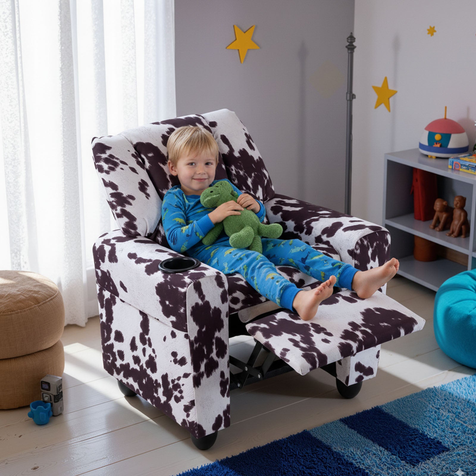 Kids Recliner Chair Push Back Toddler Reclining Armchair with Cup Holder, Black & White Kids Chairs & Seating at Gallery Canada