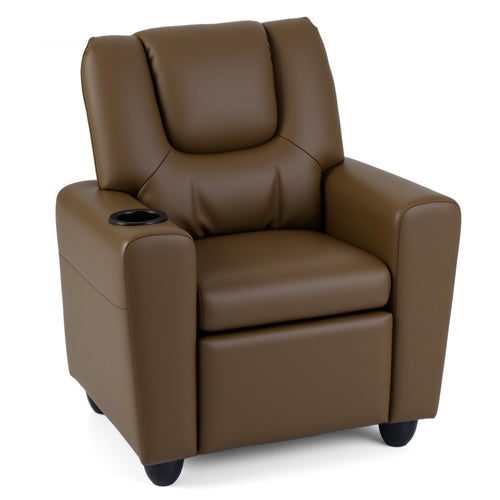 Kids Recliner Chair, Push Back Toddler Armchair With Cup Holder, Brown