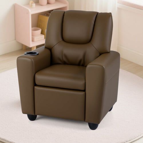 Kids Recliner Chair, Push Back Toddler Armchair With Cup Holder, Brown
