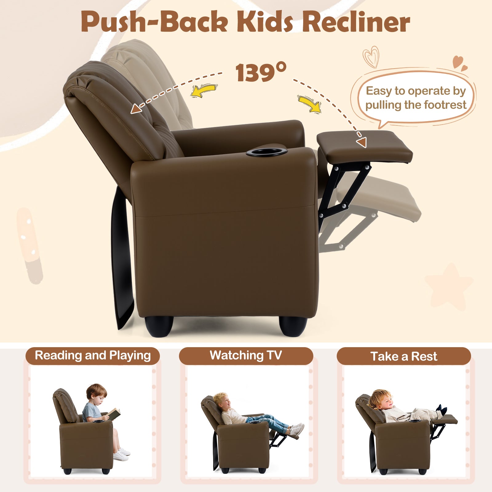 Kids Recliner Chair, Push Back Toddler Armchair With Cup Holder, Brown Kids Chairs & Seating at Gallery Canada